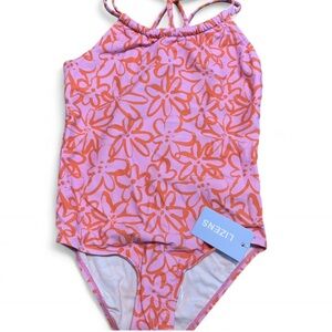 Lizens Girls One-piece Swimsuit Size 7/8 Orange Hot Pink NWT (K371)